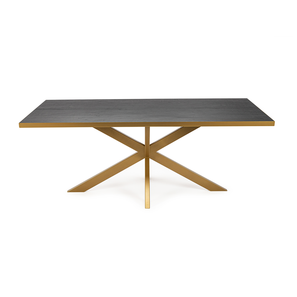 Moderne rechthoekige tafel met donkergrijs blad en goudkleurig gekruist onderstel.